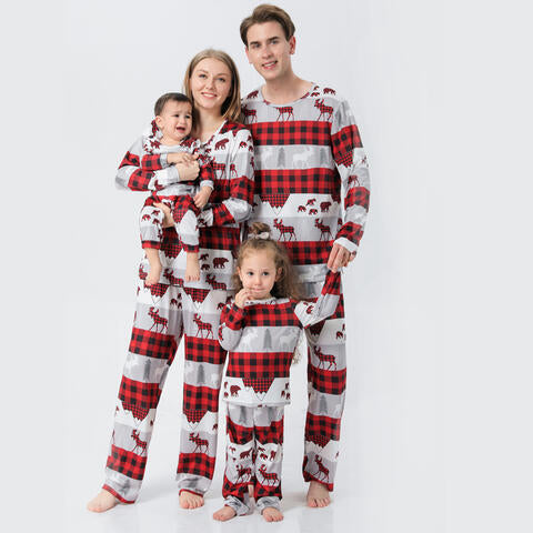 Baby Reindeer & Plaid Round Neck Jumpsuit