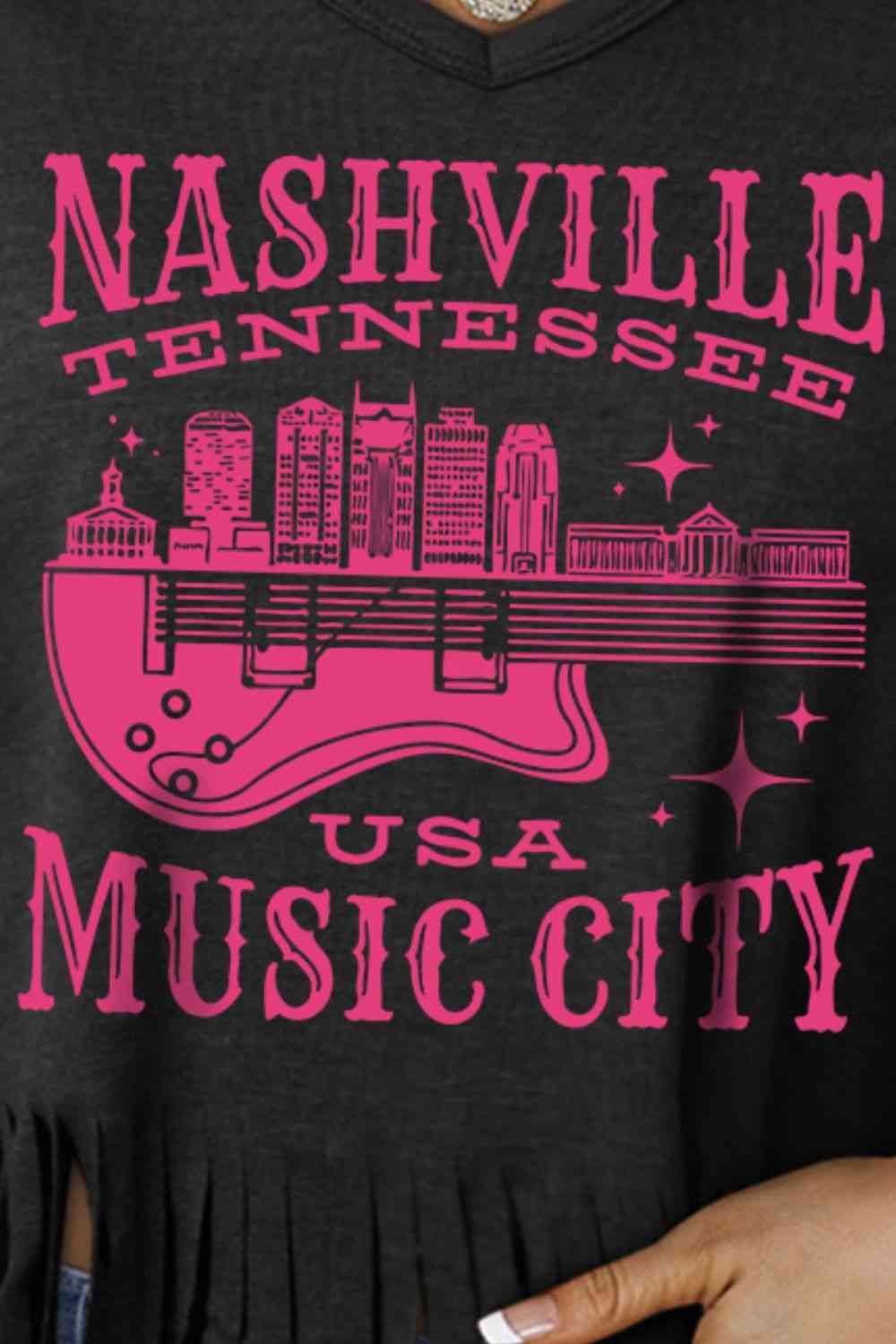 NASHVILLE TENNESSEE USA MUSIC CITY Graphic Fringe Hem Tee